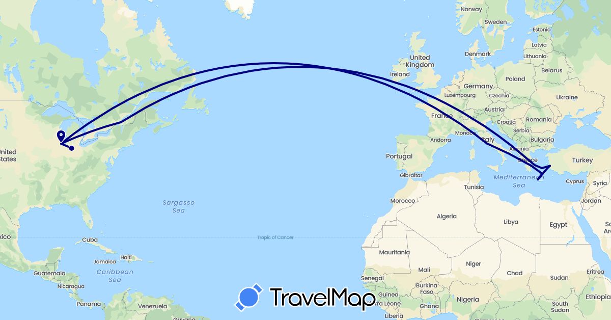 TravelMap itinerary: driving in Canada, Greece, Italy, Turkey, United States, Vatican City (Asia, Europe, North America)